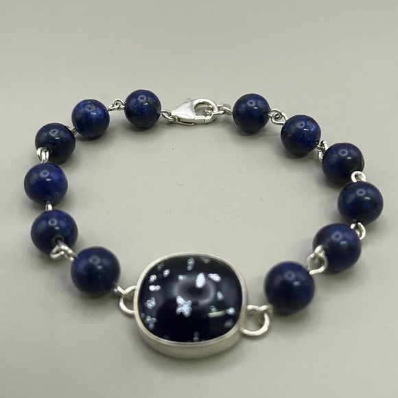 Handmade Jewelry - Blue Lapis Lazuli and Sterling Silver Bracelet with Fused Glass Focal Accent